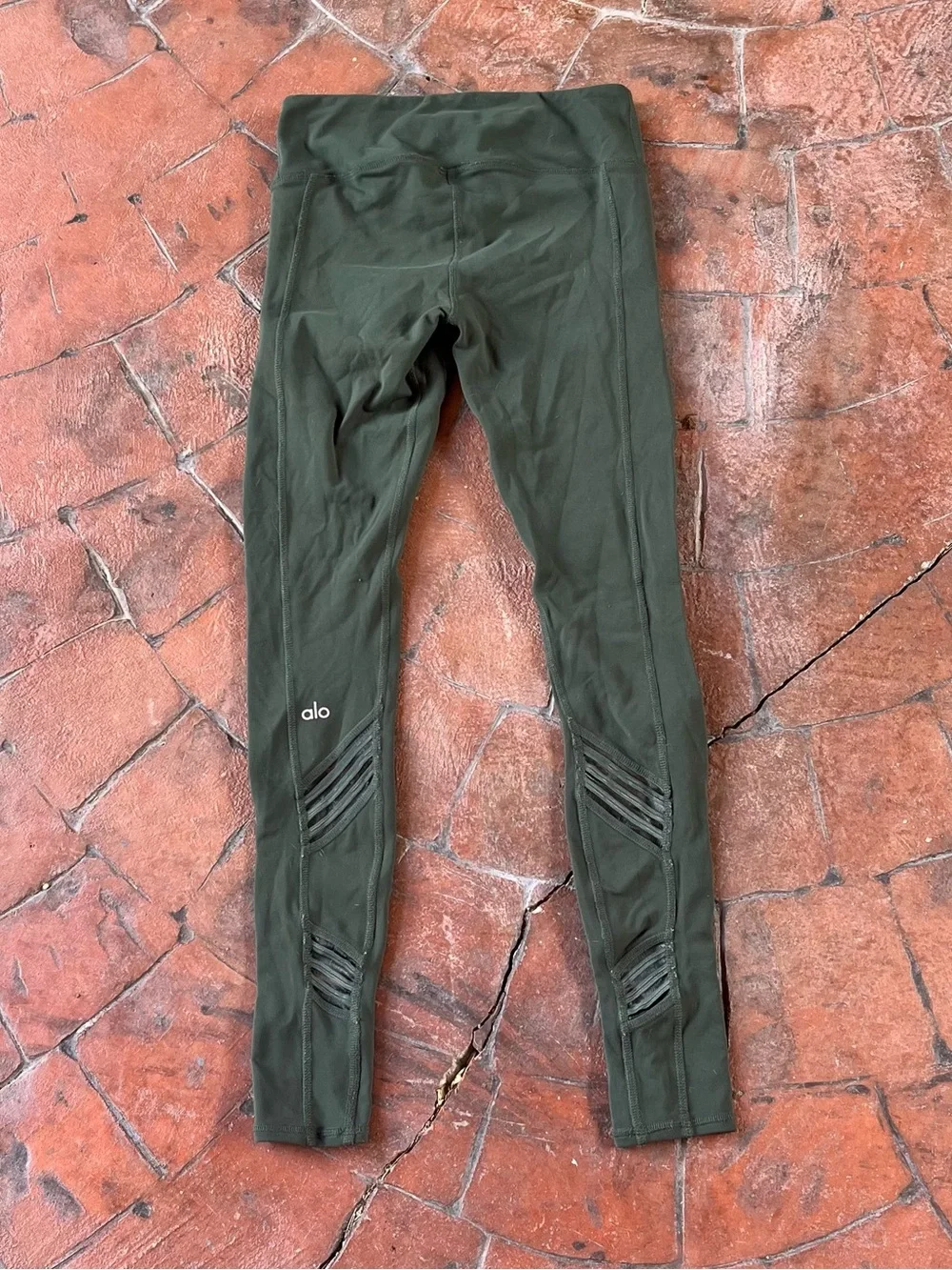 Alo Yoga Multi Legging Dark Green Mesh Cut Out Stripes Stretch Size  XXS/XS
